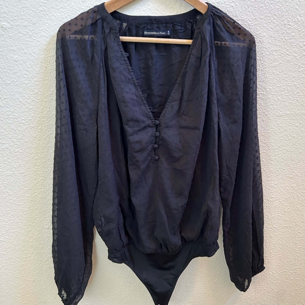 Black Long Sleeve Chiffon Dot Sheer Puff Sleeve Bodysuit NWOT - Picture 3 of 5
